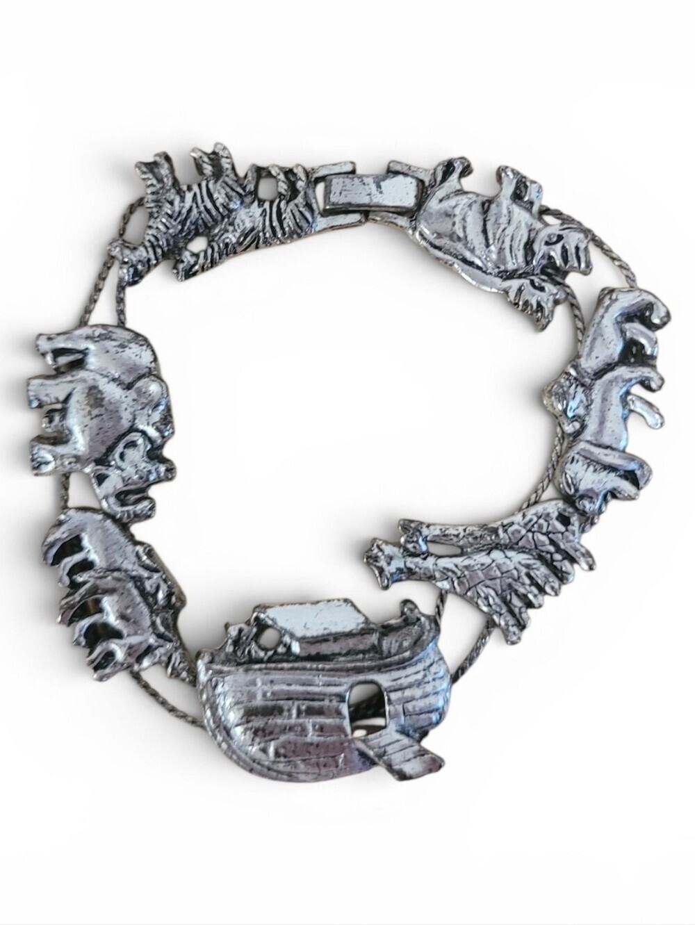 Vintage Silver Tone Pewter Noah's Ark Animal Link Bracelet Biblical Christian 7"
